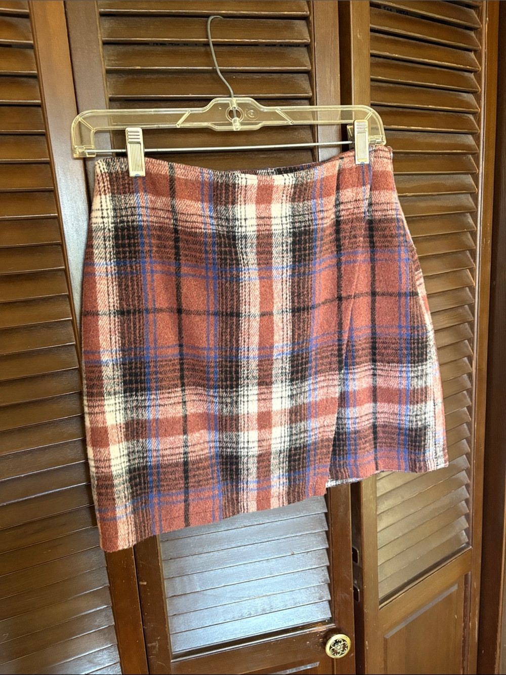 Tinseltown Plaid Mini Skirt in Rust Pink with Black & Blue Accents